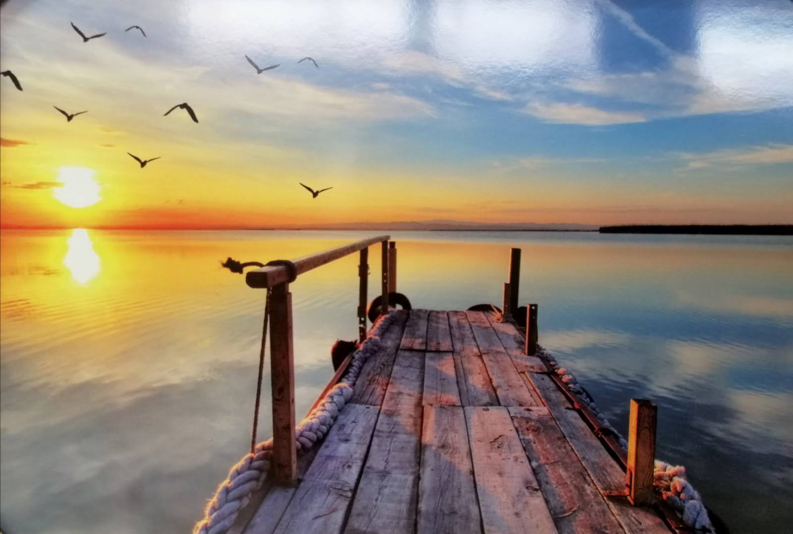 Peaceful sunset over water with pier and birds